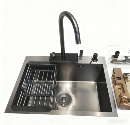 Goede prijs 304 roestvrij staal keukensink set. Premium handgemaakte diep wasbek met geluidsdichte anti-condensatie hoge boog keuken kraan. online