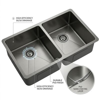 Goede prijs PVD Gunmetal 304 Roestvrij Staal Onderbouw Keuken Zink, Dubbele Spoelbak 50/50, Geluidsdempende Rubberen Pads Gecoat online