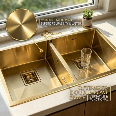 Goede prijs Gold-Toned Food-Grade 304 Stainless Steel Main Auxiliary Bowl Kitchen Sink Flush-Mount 900mm 250mm Deep Basin online
