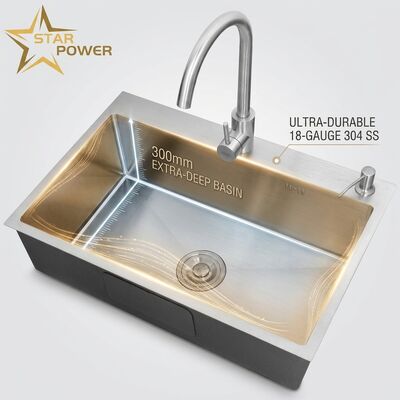 Goede prijs 18-Gauge 304 SS Double Bowl keuken wastafel met 300 mm extra-diepe wasbak en top-mount installatie online