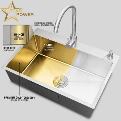 Goede prijs Inbouw / Verzonken Keuken Zink SUS304 Roestvrij Staal Hoofd & Hulp Spoelbak Goudkleurige Inbouw 700mm 10-Inch Extra Diepe Spoelbak | Spoelbakdiepte Op Maat Beschikbaar | Staaldikte Op Maat Beschikbaar online