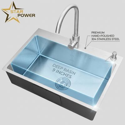 Goede prijs Top Mount / Drop-in Keukensink 304 Roestvrij staal gelijk dubbel kom Keukensink Handgepolijst Drop-in 600mm 9 inch diep wasbekken online