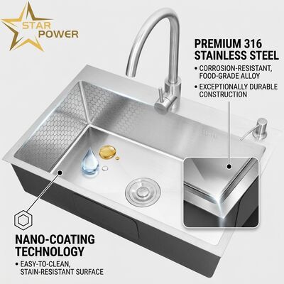 Goede prijs Top Mount / Drop-in Keukensink 316 Roestvrij staal gelijk Double Bowl Keukensink Nano-gecoat Drop-In 800mm 220mm Diepbekken Aanpasbare bekkendiepte beschikbaar Aanpasbare stalen maat online